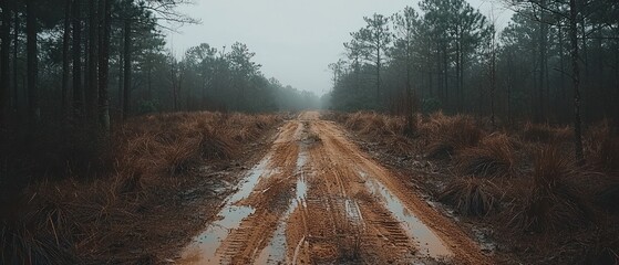 Poster - A Muddy Road Winding Through a Foggy Forest