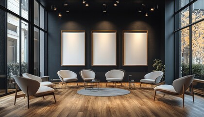 Poster - Modern Lobby with Empty Frames, Wooden Floor, and Large Windows