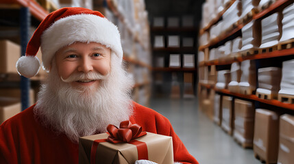 Santa in a warehouse with a gift symbolizes holiday logistics, shopping, and shipping, close up to Santa, night ambiance.