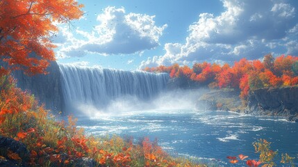 Poster - A Breathtaking Waterfall Cascading Through Autumnal Foliage