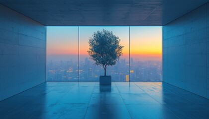 Poster - A Single Tree in a Concrete Room with a Cityscape View Through Large Windows