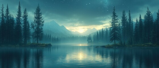 Poster - Tranquil Mountain Lake at Dusk with Starry Sky and Foggy Forest