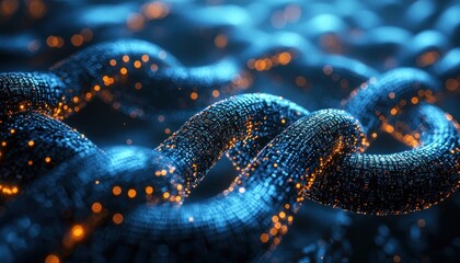 Poster - Abstract Chain of Interconnected Blue and Orange Glowing Particles