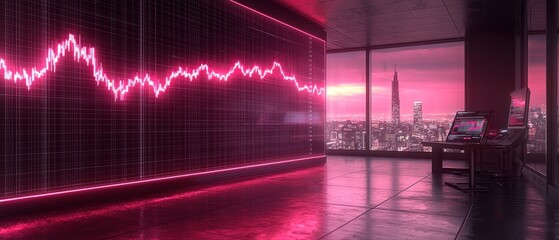 Fototapete - A Pink-Lit Room With A View Of A City Skyline At Night And A Stock Market Chart On The Wall