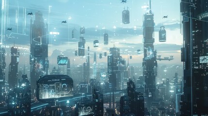 Poster - Futuristic Cityscape with Flying Vehicles and Digital Displays