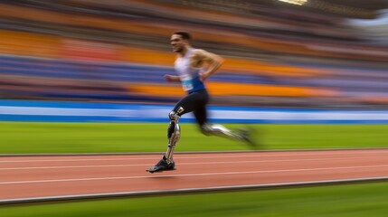 Poster - An athlete races down the track using a prosthetic leg, demonstrating speed and determination in a competitive setting. Generative AI