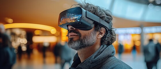 Aufkleber - Man Experiencing Virtual Reality with Nighttime Cityscape in View
