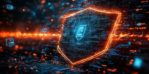 Poster - Glowing Digital Shield with Data Protection Icon on a Circuit Board Background