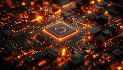Poster - A Glowing Computer Motherboard with a Central Processing Unit