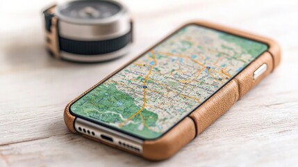 Poster - smartphone with gps navigation map app on wooden table