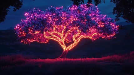 Wall Mural - glowing neon tree in dark forest landscape with vibrant light effects and illuminated branches, crea