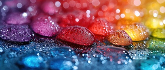 Poster - Colorful Smooth Stones Covered in Water Droplets with Bokeh Background