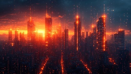 Poster - A futuristic city skyline illuminated by bright orange lights and streaks against a night sky.