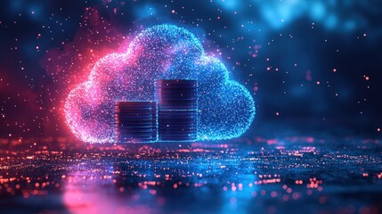 Poster - Stacks of Data Discs Within a Glowing Cloud Shaped From Digital Particles