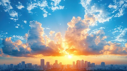 Poster - Dramatic Sunset over Cityscape with Sun Rays Breaking Through Clouds