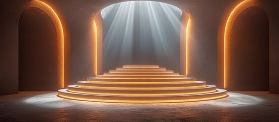 Poster - Illuminated Circular Platform with Steps in an Architectural Space