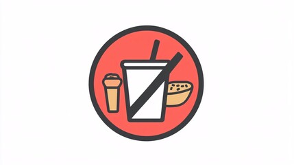 89.A simple black line icon of a crossed-out food and drink set, including a cup and snack inside a red circle with a diagonal line. The design is clean, with smooth curves and minimal detailing,