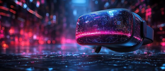 Poster - Virtual Reality Headset Displaying a Futuristic Cityscape with Neon Lights