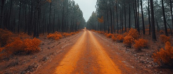 Poster - A Dirt Road Through a Forest of Tall, Dark Trees