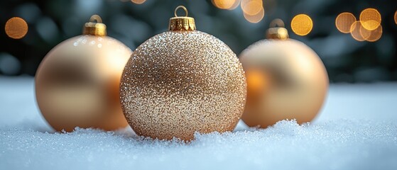 Poster - Three Gold Christmas Ornaments Resting on Snow