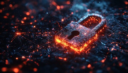 Poster - Glowing Metal Padlock with Circuit Board Background and Sparkles