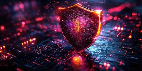 Fototapete - Glowing Shield of Protection Over Digital Circuit Board