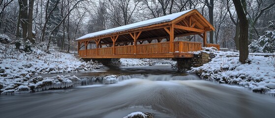 Poster - Wooden Bridge Over Snowy Creek with Icicles