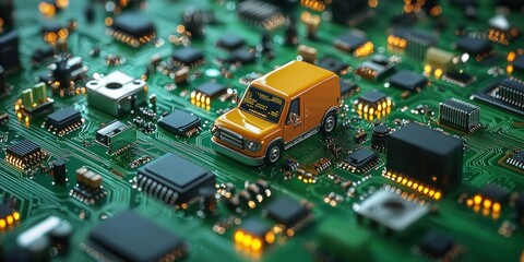 Aufkleber - Miniature Yellow Van on a Circuit Board