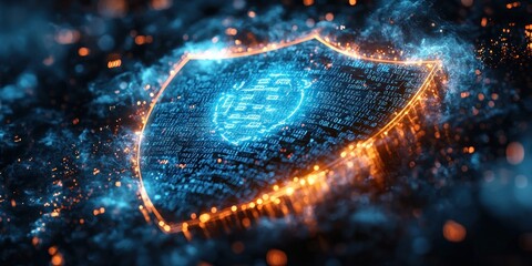 Fototapete - Glowing Digital Shield with Code and Sparks