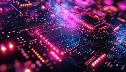 Poster - Abstract Close-Up of a Circuit Board with Neon Lights