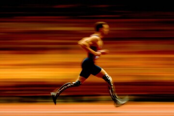 Poster - An athlete is running at full speed on a track, showcasing determination and skill while using a prosthetic leg in a stadium. Generative AI