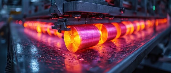 Poster - Close-up of a Conveyor Belt with Spool of Wire in a Factory