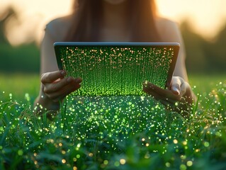 Aufkleber - Woman Holding a Tablet with Green and Gold Lights Emitted from the Screen Above Lush Green Grass