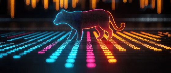 Poster - Digital Tiger Walking on Illuminated Grid
