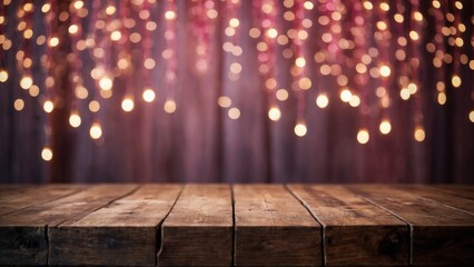 Wall Mural - Rustic wood board table surface with purple wall and strings of pink bokeh lights mockup background