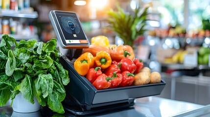 Poster - A modern automated checkout system in a retail shop utilizing facial recognition technology to provide a quick hassle free payment solution for customers  This innovative system offers a streamlined