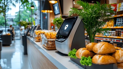Poster - A modern and efficient smart retail environment featuring AI powered automated checkout stations with facial recognition technology for a convenient secure