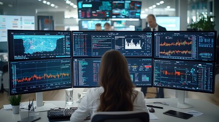 Poster - Close up view of financial advisors working together examining market trends and data displayed on digital screens in a modern office setting