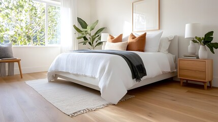 Poster - Minimalist bedroom design featuring a white bed wooden nightstands and a cozy area rug creating a serene and peaceful atmosphere for relaxation and rejuvenation
