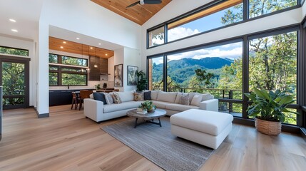 Aufkleber - Spacious and Bright Living Room with Floor to Ceiling Windows Offering a Panoramic View of the Surrounding Nature Landscape  Cozy and Comfortable Sectional Sofa Creates a Relaxing Ambiance