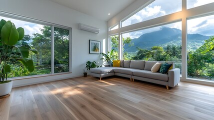 Poster - Spacious and bright living room interior design featuring a comfortable sectional sofa floor to ceiling windows and a calming panoramic view of the surrounding nature landscape