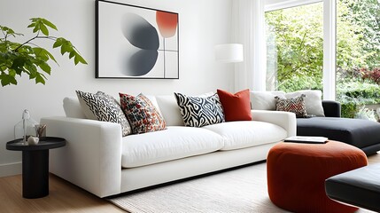 Aufkleber - Bright and airy living room featuring a white sofa modern artwork and a mix of patterned throw pillows creating a stylish and contemporary ambiance