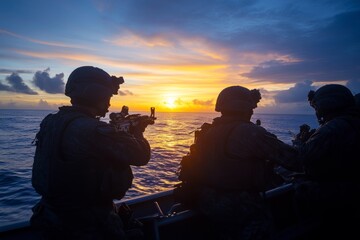 Soldiers silhouetted against sunset at sea