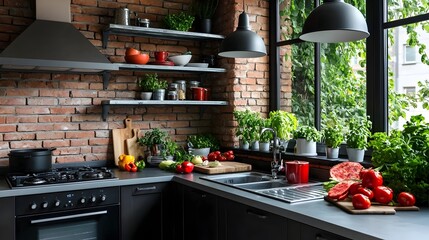 Poster - Stylish industrial inspired kitchen design featuring exposed brick walls metal shelving and hanging pendant lights creating a modern minimalist and loft style atmosphere
