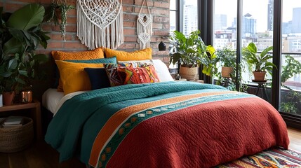 Aufkleber - Colorful and Cozy Bohemian Bedroom Interior with Macrame Wall Hangings Patterned Bedding and Eclectic Decorative Accents for a Relaxing and Stylish Atmosphere