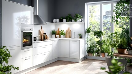 Aufkleber - Minimalist white kitchen with clean lines modern cabinetry and a touch of natural greenery showcasing a contemporary and efficient domestic living space design