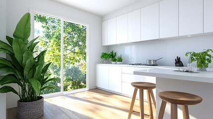 Poster - A modern and minimalist kitchen design featuring clean white cabinets sleek lines and a touch of natural greenery for a serene and inviting atmosphere