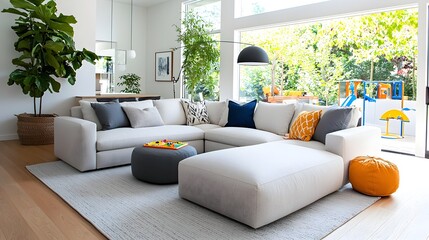 Poster - Cozy and Inviting Family Friendly Living Room with Large Neutral Sectional Sofa Dedicated Play Area and Warm Accents for a Comfortable and Relaxing Home Environment