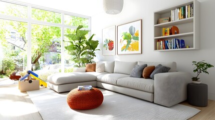Aufkleber - Cozy and inviting family friendly living room with large sectional sofa neutral color palette and designated play area for children  The space is designed for relaxation entertainment