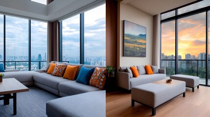 Aufkleber - Spacious and Elegant Open Plan Living Room with Comfortable Seating Decorative Pillows and Breathtaking Floor to Ceiling Windows Offering Panoramic Views